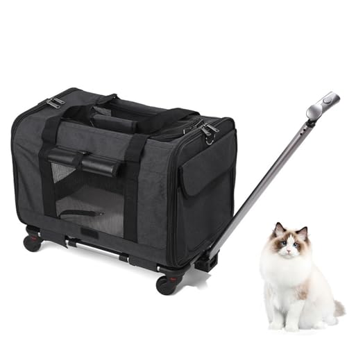 Transportbox Katze, Fahrbarer Tierträger mit Teleskopstiel, Tragetasche mit Rollen für Hunde und Katzen, Portabler Reiseträger für Kleine Mittelgroße Haustiere (Dunkelgrau) von XQZMD
