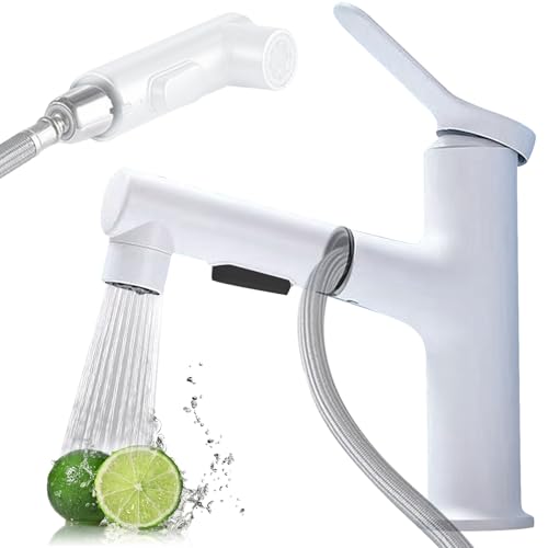 Wasserhahn Bad mit Ausziehbar Brause, Waschtischarmatur mit 2 Strahlarten, Mischbatterie Waschbecken für Heißes und Kaltes Wasser, Eeinhebelmischer Waschbecken für Badezimmer, Chrom (Weiß) von XQZMD