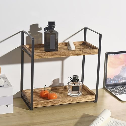 XQZMD Multifunktionales Holzregal, Standregal Holz Arbeitsplatte Küchenregal mit 2 Ebenen, Badregal ohne Bohren aus Holz, Metallstütze Badzimmer Aufbewahrung Regal für Kosmetik Organizer (Holzfarbe) von XQZMD