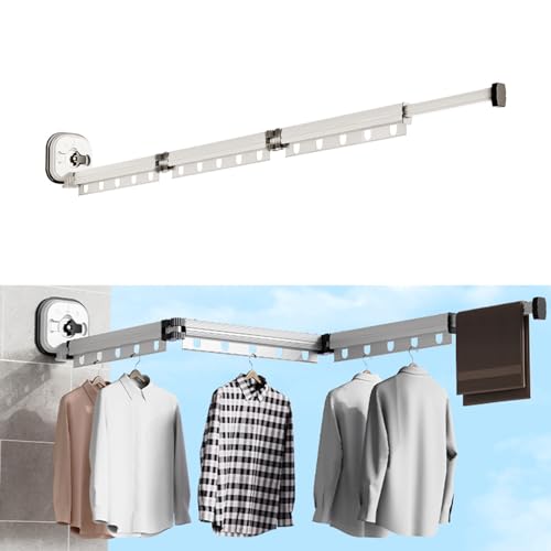 XQZMD Wandmontierter Kleiderständer mit Saugnapf, Aluminium Wäscheständer Versenkbar mit 15 Haken, Platzsparend Zusammenklappbar Wäscheständer für Balkon, Wäscherei, Weiß (Weiß-3 Faltbare Racks) von XQZMD