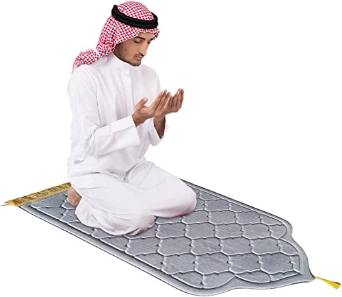 XRDSHY Gebetsteppich Gepolstert, Namaz Ögreten Seccade, Prayer Mat Muslim, Beten Teppich Islam, Reise-Gebetsmatte Mit Quasten Für Kinder Erwachsene,Hellgrau von XRDSHY