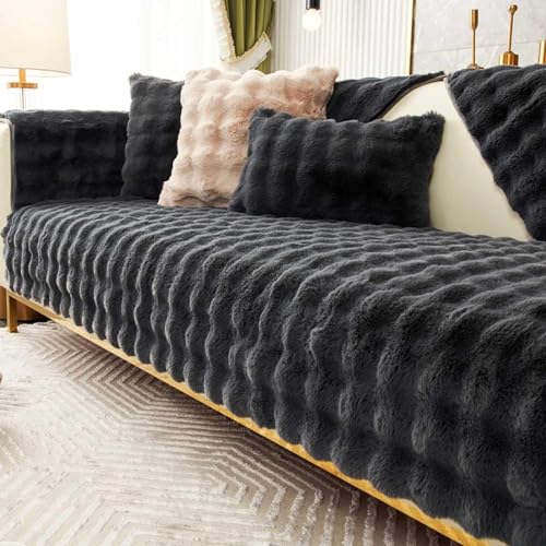 XRDSHY Plüsch Sofabezug, Superweiche rutschfeste Sofaschoner, Waschmaschinenfest l Form 4/3/2/1 Sitzer Ecksofa Sofa Überzug, Sofaschutz Vermeidung Kratzern durch Hunde Katzen,Black4-45x45cmpillowcase von XRDSHY