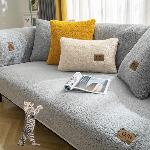 XRDSHY Plüsch Sofabezug, Superweiche rutschfeste Sofaschoner, Waschmaschinenfest l Form 4/3/2/1 Sitzer Ecksofa Sofa Überzug, Sofaschutz Vermeidung Kratzern durch Hunde Katzen,Gray6-110x240cm von XRDSHY