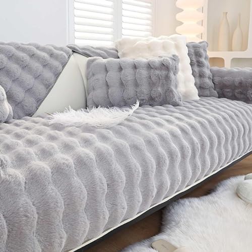 XRDSHY Plüsch Sofabezug, Superweiche rutschfeste Sofaschoner, Waschmaschinenfest l Form 4/3/2/1 Sitzer Ecksofa Sofa Überzug, Sofaschutz Vermeidung Kratzern durch Hunde Katzen,Grey4-110x110cm von XRDSHY