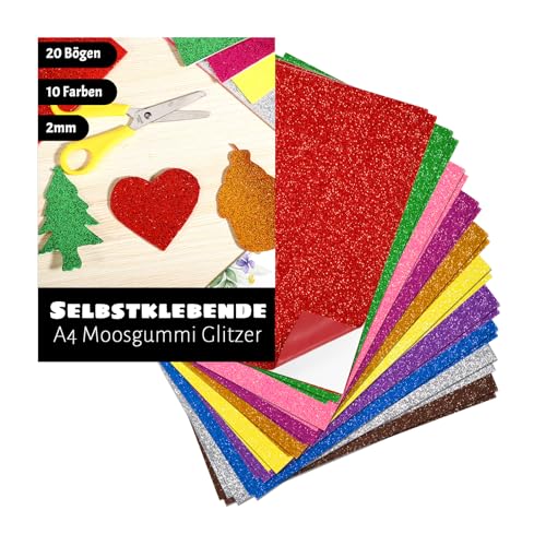 20 Bogen Moosgummi Glitzer, A4 Moosgummi Platten Selbstklebend 2mm Stark Glitzerpapier zum Basteln Bastelpapier Bunt für DIY Bastelarbeiten Handwerk Scrapbooking（20 x 30cm） von XREE