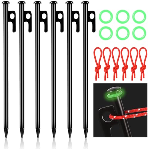 6 Stück Zeltheringe Sturmsicher, 25cm Lang Zelthaken mit Leuchtringen Reflektorseile Erdnägel Zeltnagel im Freien für Camping Outdoor Wandern von XREE
