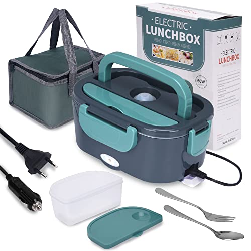 XREXS Elektrische Lunchbox, 3 In 1(12V/24V/220V) 60W 1,5L Speisenwärmer Auto, Edelstahl Lunchbox Elektrisch Brotdose/LKW Haushalt Camping, Tragbare Bento Heizung 60W Lunch Box mit Gabel, Löffel von XREXS