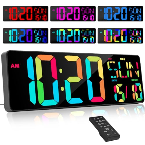 XREXS 16,5" Wanduhr Digitale Groß [RGB], Digitale Wanduhr mit 10 Farben, Fernsteuerung, Helligkeit/Lautstärke einstellbar, stündliches Glockenspiel, Digitaler Kalender und Hygrometer, Cable Powered von XREXS