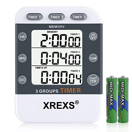 XREXS Digitaler 3 Kanäle Countdown/Stoppuhr Küchentimer, Timer für das Kochen, Stoppuhr, Großes Display, Rinstellbarer Alarm Timer mit Magnetischer Rückseite, Ständer, Lanyard (Batterie Enthalten) von XREXS