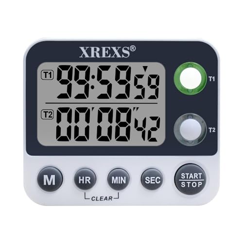 XREXS Digitaler Dual Küchentimer, Alarm Einstellbar Volumen Timer, Kochen Timer, Stoppuhr, Große LCD Anzeige Count Up Down Timer für Blinken Meeting Klasse, Magnetische Batterien Inklusive von XREXS
