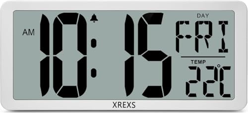 XREXS Digitale Wanduhr Groß, 13,46'' Grosse LCD Anzeige Wanduhr, Digitale Wanduhr mit Kalender, Wecker, Temperatur und Timer, Lauter Alarm und Klar, Kalenderuhr für Decor von XREXS