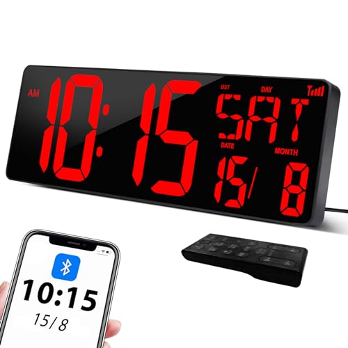 XREXS Wanduhr Digitale Groß [Bluetooth Version], 16,5'' Wanduhr Digital Uhr mit LED-Display, Automatische Kalibrierungszeit, Wanduhr mit Uhrzeit/Datum/Temperatur Rot von XREXS