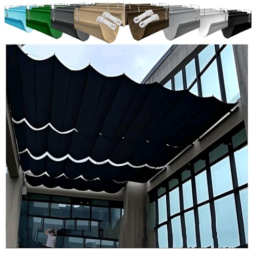 Retractable Wave Awning 1.5x4m Adjustable Canvas Shade Cover with Eyelets and Cord,Waterproof, UV-Resistant, Outdoor Pergola Awning for Garden (1.2×5M,Black) von XRLQZH