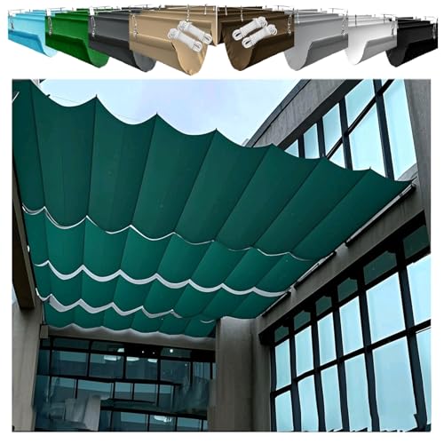 Retractable Wave Awning 1.5x4m Adjustable Canvas Shade Cover with Eyelets and Cord,Waterproof, UV-Resistant, Outdoor Pergola Awning for Garden (1.2×5M,Green) von XRLQZH