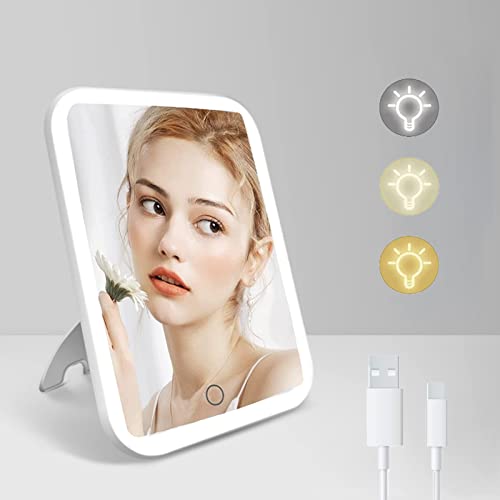 Schminkspiegel mit Beleuchtung, XRR LED Makeup Spiegel USB Wiederaufladbar Kosmetikspiegel mit Touch-Screen Dimmbarer 3 Lichtfarben Tischspiegel Beleuchtet für Schminken Rasieren von XRR