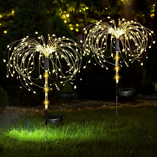 XRR Solarlampen für Außen Garten, 2 Stück 120 LED Solar Feuerwerk Licht 2 Modi Solarleuchten Garten Deko mit 7 Farbwechselnde Wasserdicht Gartenleuchten für Patio, Rasen,Wege, Fest Deko (Warmweiß) von XRR