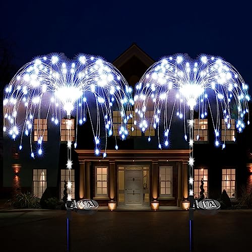 XRR Solarlampen für Außen Garten, 2 Stück 120 LED Solar Feuerwerk Licht 2 Modi Solarleuchten Garten Deko mit 7 Farbwechselnde Wasserdicht Gartenleuchten für Patio, Rasen,Wege, Fest Deko(Kaltes Weiß) von XRR