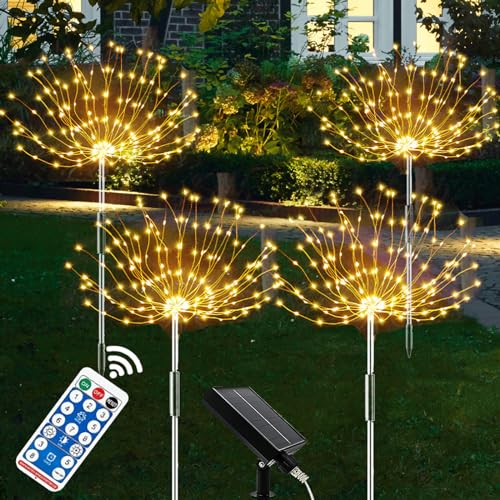 XRR Solarlampen für Außen, 4 Stück 120 LED Solarleuchten Feuerwerk 8 Modi Solarlichter Pusteblume mit Fernbedienung Wetterfest Solarstecker Gartenbeleuchtung für Halloween Weihnachtstag Deko von XRR