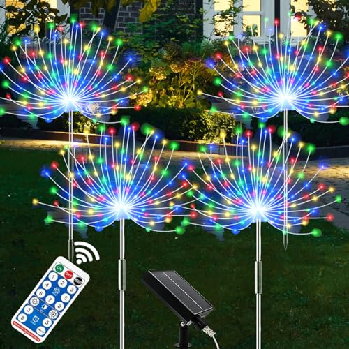 XRR Solarlampen für Außen Garten, 4 Stück 120 LED Solarleuchten Feuerwerk 8 Modi Solarlichter Pusteblume mit Fernbedienung Wetterfest Solarstecker Gartenbeleuchtung für Halloween Weihnachtstag von XRR