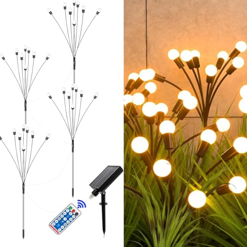 XRR Solarlampen für Außen Garten, 4 Stück 6LED Solarleuchten Glühwürmchen 8 Modi Solarlichter Blume mit Fernbedienung Wetterfest Solarstecker Gartenbeleuchtung für Pfad Party Hof Deko(warmes Weiß) von XRR