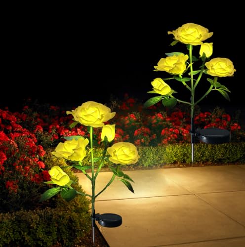 XRR Solarleuchten Garten Deko,2 Stück Solar Rose Lichter für Außen Wasserdicht Solarlampen mit 10LED, LED Solar Gartenleuchte für Garten, Büsche, Rasenflächen, Zäune,Rasen,Terrasse（Gelb） von XRR