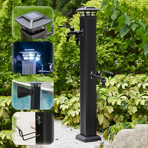 XRRJFYH Solar Licht Wassersäule Wasserzapfsäule Garten Wasserhahn Säule Frostsicherer Außenwasserhahn 1/2 Zoll Wasserzapfstelle (Color : Black-Two Holes faucets-a, Size : 110cm) von XRRJFYH