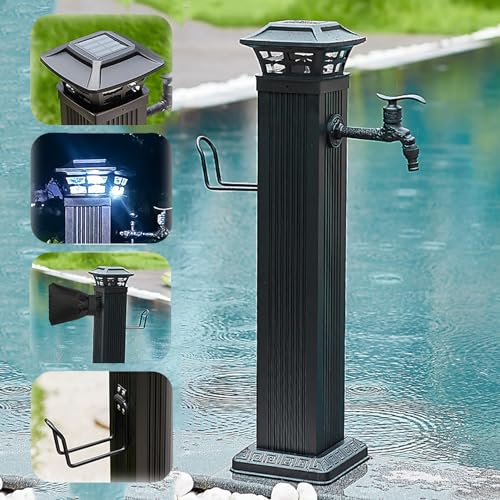 XRRJFYH Solar Licht Wassersäule Wasserzapfsäule Garten Wasserhahn Säule Frostsicherer Außenwasserhahn 1/2 Zoll Wasserzapfstelle (Color : Black with long faucet, Size : 65.5cm) von XRRJFYH