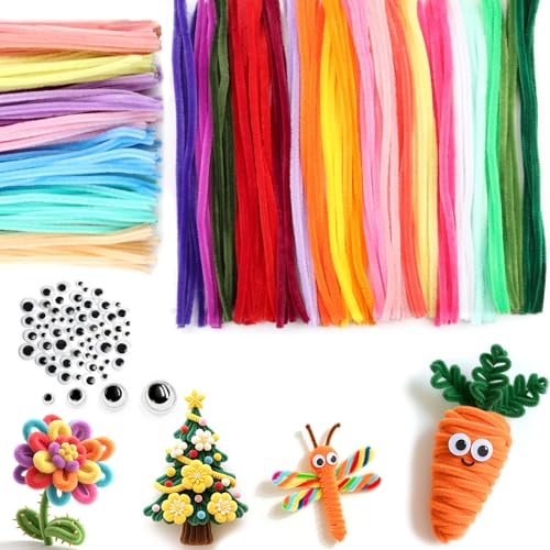 XRXYMQ 400 stück pfeifenreiniger Bunt Pfeifenputzer Zum Basteln 300 Chenilledraht 100 Wackelaugen Pipe Cleaner für Kreative DIY-Bastelprojekte Basteldeko von XRXYMQ