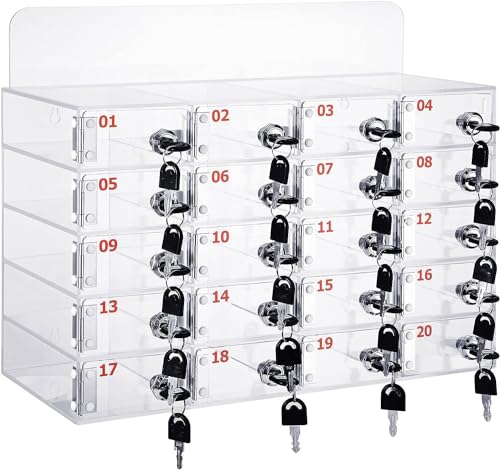XSDAJSD Handy-Schließfach aus Acryl, Handyschrank durchsichtig, wandmontiertes Taschenschließfach, mit Türschlössern und Schlüsselladeloch (20 Steckplätze) von XSDAJSD