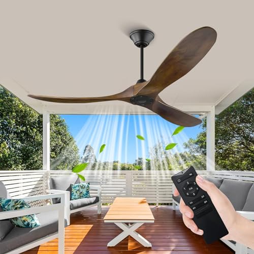 XSGDMN Deckenventilator, Moderner Deckenventilator ohne Lichter mit Fernbedienung, 3 Flügel Holz mit geräuschlosem reversiblen DC-Motor, Outdoor Deckenventilatoren für Terrassen (152cm Walnuss) von XSGDMN