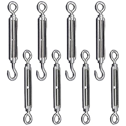 XSHAO® 8 Stück Seilspanner Edelstahl, 304 Edelstahl Spannschloss M5 mit Haken und Verstellbares Öse für Sonnensegel, Seil, Gartendraht, oder Wäscheleine zu Spannen Heavy Duty von XSHAO