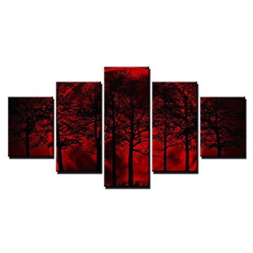 XSHUHANP Kunstdrucke Auf Leinwand Malerei Home Decor Hd Druckt Baum Poster 5 Stück Red Moon Sky Psychedelic Wald Bilder Wohnzimmer Wandkunst Rahmen von XSHUHANP