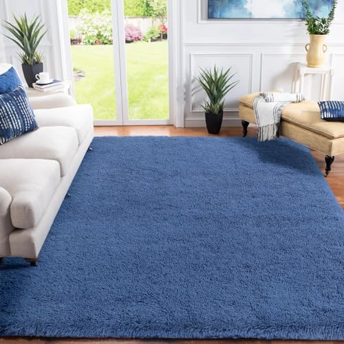 XSIVOD hochflor Wohnzimmer Teppich, Schlafzimmer Bettvorleger, Moderner zottelig flauschig weich Teppich für Kinderzimmer, Anti-Rutsch Unterseite, Waschbar, 80x160 cm, Kobaltblau von XSIVOD