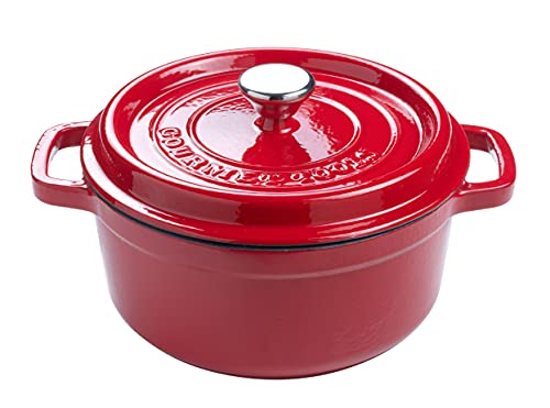 Runder Kochtopf aus Gusseisen mit glasierter Keramikbeschichtung, Cocotte mit Deckel. Gourmet Tools (rot, 22 cm) von XSQUO Useful Tech