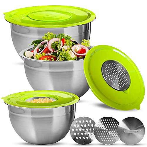 Satz von 3 Multifunktions-Stahlschüsseln mit wasserdichtem Deckel und drei Edelstahl-Raspelscheiben von XSQUO Useful Technisch Satz von 3 Multifunktions-Stahlschüsseln mit wasserdichtem Deckel und drei Edelstahl-Raspelscheiben von XSQUO Useful Technisch von XSQUO Useful Tech