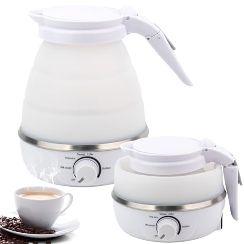 XSYKJGS Faltbarer Wasserkocher, 0.6l Reise Silikon Tragbarer Wasserkessel, Weiß Mini Camping Wasserkocher 5 Minuten Schnelles Kochen mit 5 Temperaturregelungsmodus für Küche Reise Camping Outdoor von XSYKJGS