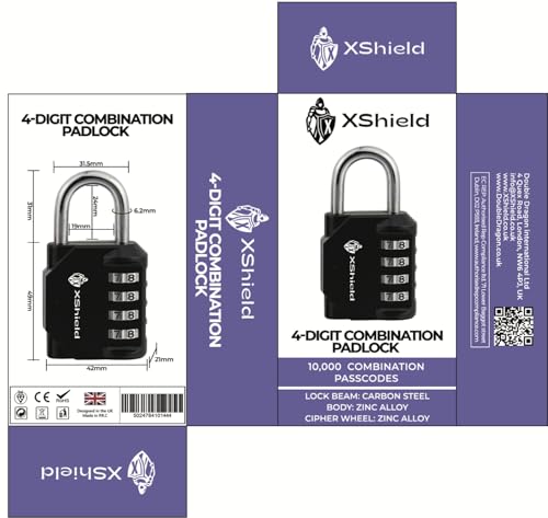 XShield 4-stelliges Vorhängeschloss, 2 Stück, Schwarz, 2 Stück von XShield