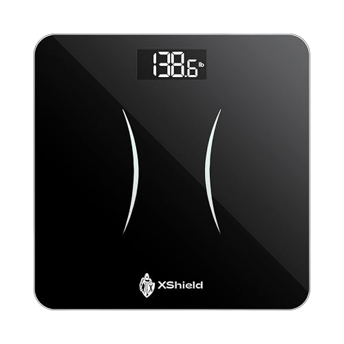 XShield Digitale Körpergewichtswaage, hochpräzise Sensoren, 180 kg Kapazität, LCD-Display mit Hintergrundbeleuchtung, gehärtetes Glas, automatische Kalibrierung, rutschfeste Füße, schlanke von XShield