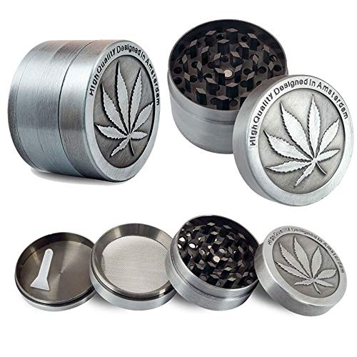 GRINDER Alu Crusher Tabak Gewürz Kräuter Mühle Schaber Aluminium FEIN Sieb 40mm (Grau mit Hanfblatt) von XTRAFAST
