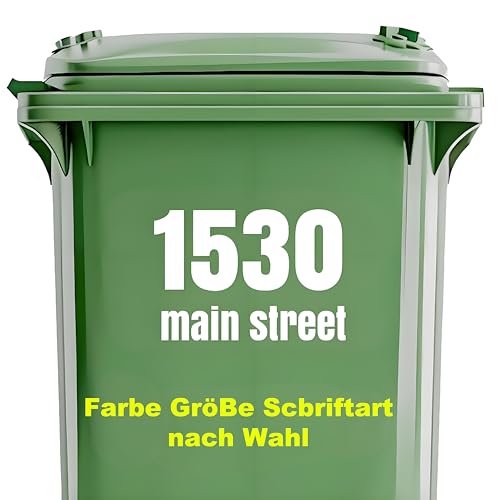 4-teiliges Set personalisierte Mülltonnen-Aufkleber und passende Schilder – mit Hausnummer und Straßennamen – wetterfest und selbstklebend für Mülltonne, Wand oder Tür von XTRAYXRAY