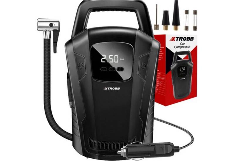 XTROBB Kompressor Turbo Pro: Kompakter Autokompressor mit LCD-Anzeige & Taschenlampe, 120 W, max. 10,00 bar, Autokompressor-Set, Kompressor mit 2 Sicherungen und 3 Pumpspitzen von XTROBB