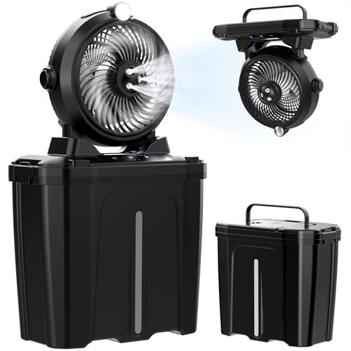 XTTANK 11-Liter-Eimer Camping Ventilator mit LED-Licht, 20000-mAh-Akku Ventilator Outdoor, 3 Geschwindigkeiten, 3 Nebelmodi, 45° Vertikale Oszillation, Tragbare Nebelfan für Camping/Angeln/Reisen von XTTANK