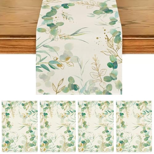 XTUDOU® Mode Eukalyptus FrüHling TischwäSche, TischläUfer Eukalyptus GrüN, GrüNer Eukalyptus Sommer Geeignet für Deko Platzsets KüChentische, Hochzeiten (33 X 183 cm) von XTUDOU