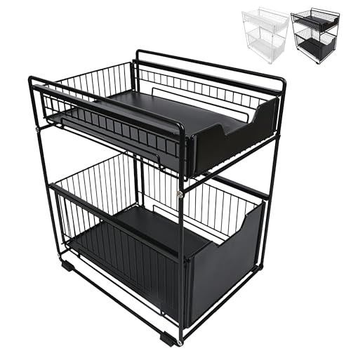 XUANYU 2 Ebenen Aufbewahrung unter der Spüle, Organizer, Haushaltsschrank aus Metall, Schieberegal für Küche, Badezimmer, Wohnzimmer, Schwarz, 28,2 x 37,4 x 44 cm x 1 von XUANYU