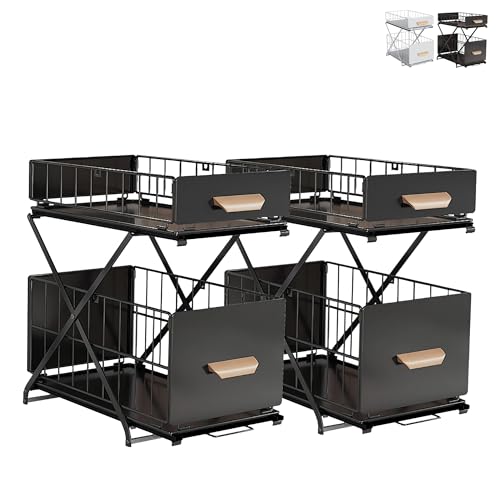 XUANYU 2 Ebenen Aufbewahrung unter der Spüle, Organizer für Haushaltsschränke, aus Metall, ausziehbares Regal für Küche und Badezimmer, Montage ohne Werkzeug, Schwarz, 26 x 40 x (33/38/43) cm x 2 von XUANYU