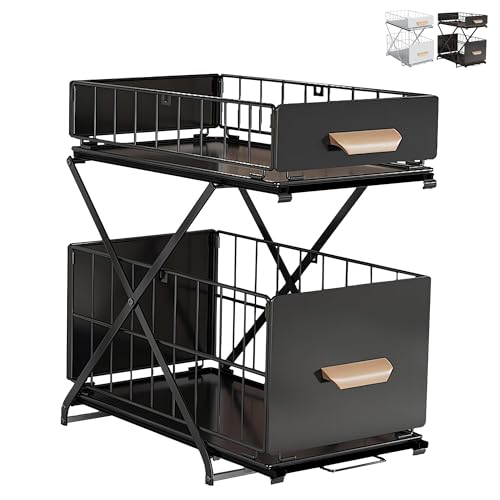 XUANYU 2 Ebenen Aufbewahrung unter der Spüle, Organizer für Haushaltsschränke, aus Metall, ausziehbares Regal für Küche und Badezimmer, Montage ohne Werkzeug, schwarz, 26 x 40 x (33/38/43) cm x 1 von XUANYU