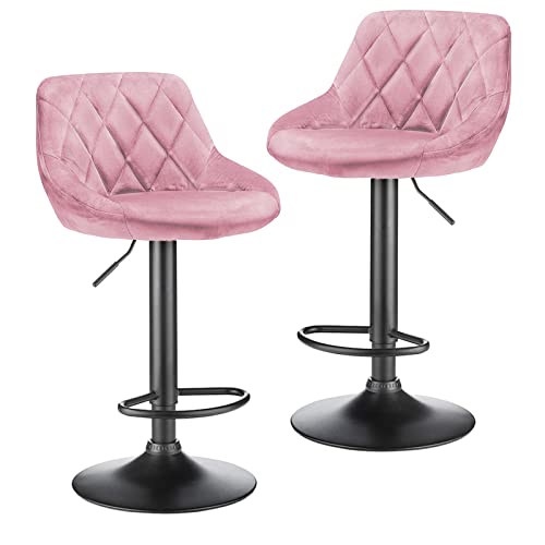 XUANYU 2er Set Barhocker aus Samt Höhenverstellbare 63-83 cm Barstühle 360° Drehstuhl Küchenstühle mit Rückenlehne und Fußstütze Tresenhocker für Küche, Theke, Bar (Rosa) von XUANYU