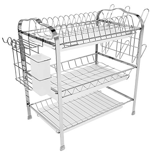 XUANYU 3-stöckiges Abtropfgestell mit Getränkehalter Geschirr Küchen Abtropfständer Geschirrabtropfgestell mit Abtropfschale (42×25×49 cm, Silber C) von XUANYU