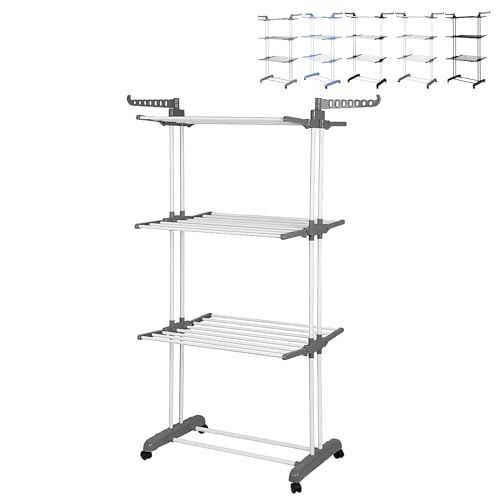 XUANYU 4 Ebenen, zusammenklappbarer Wäscheständer für Kleidung, Wäscheständer mit drehbaren Flügeln, 6 faltbare Regale und 4 Rollen, Wäscheständer auf Füßen (grau/weiß, 75 x 64 x 170 cm) von XUANYU