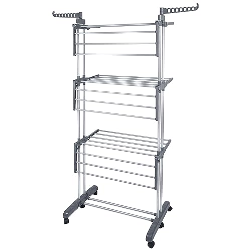 XUANYU 4 Ebenen Wäscheständer für Kleidung, Wäscheständer auf Füßen, freistehender Wäscheständer mit 2 drehbaren Flügeln, 24 Stangen und Schuhständer (grau/silberfarben, 75 x 64 x 170 cm) von XUANYU